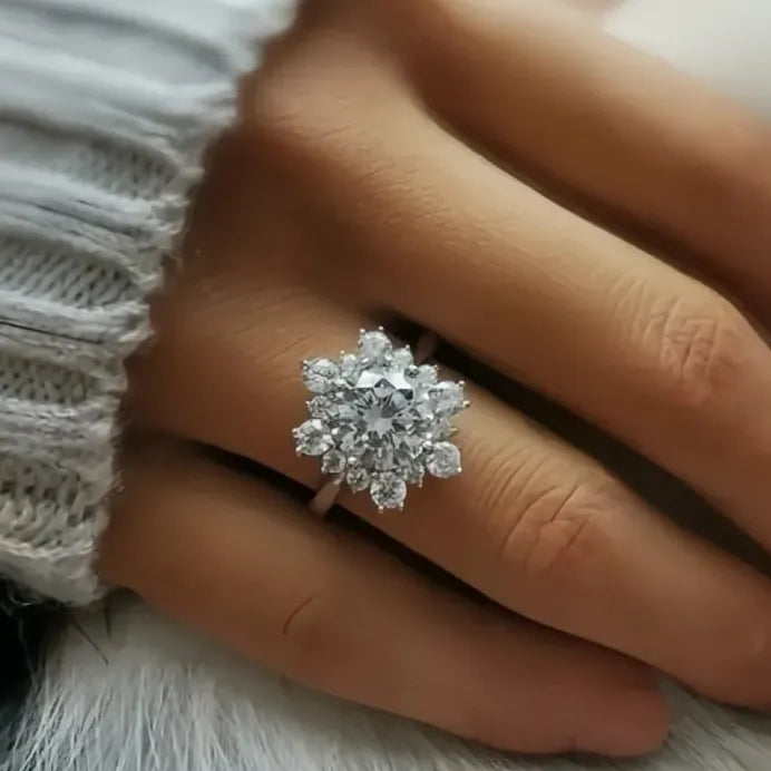 Sunflower CZ Iced Out Silver Wedding Band Ring for Women Bridal Jewelry