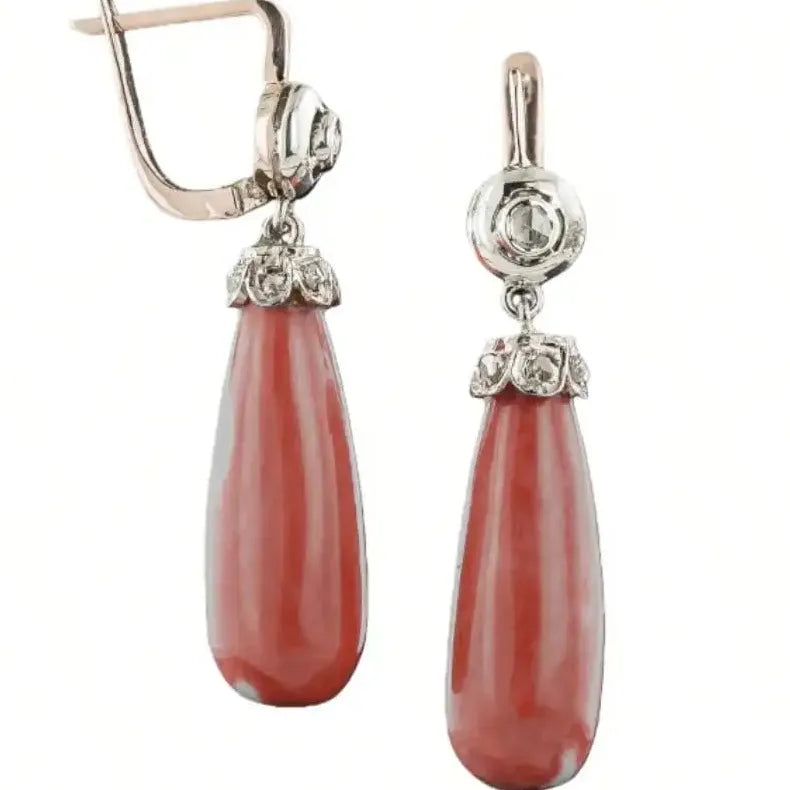 Vintage Copper Drop Earrings with Sparkling Zircon Red Coral Stone for Women