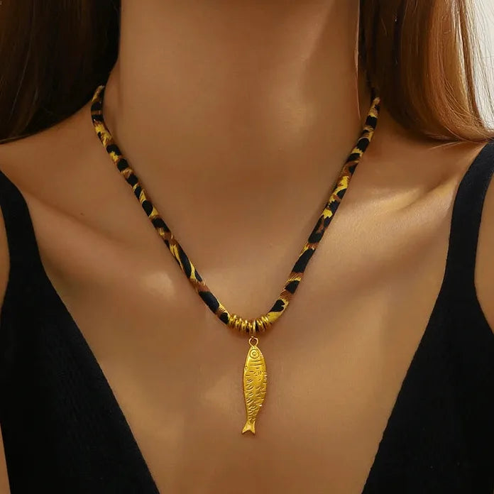 Adjustable Leopard Print Cord Necklace with Zinc Alloy Fish Bird Pendant Choker Gift