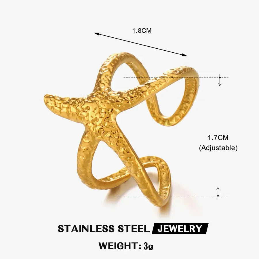 Boho Stainless Steel Sea Star Conch Open Ring Adjustable Men Women Beach Jewelry