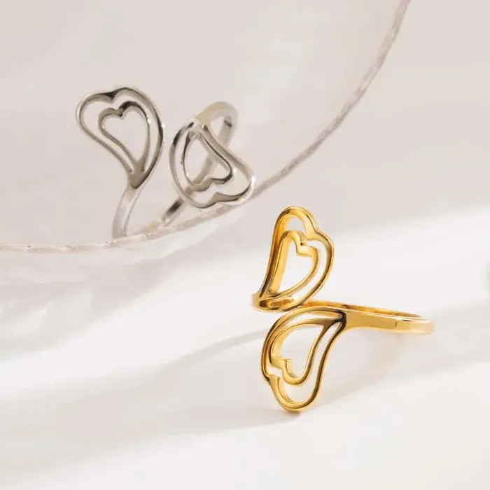 Stainless Steel Double Heart Open Ring Simple Hollow Jewelry Gift for Women