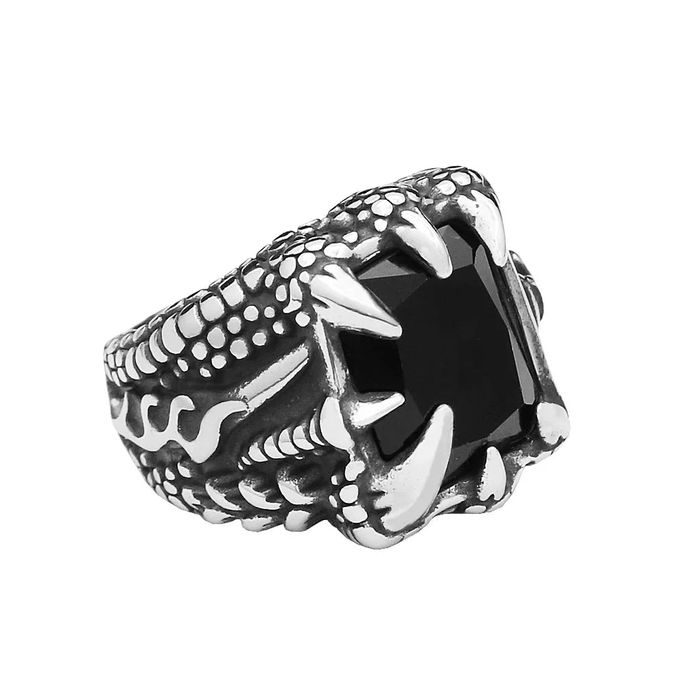 Vintage Punk Dragon Claws Ring Stainless Steel Black Stone Unisex Jewelry Gift