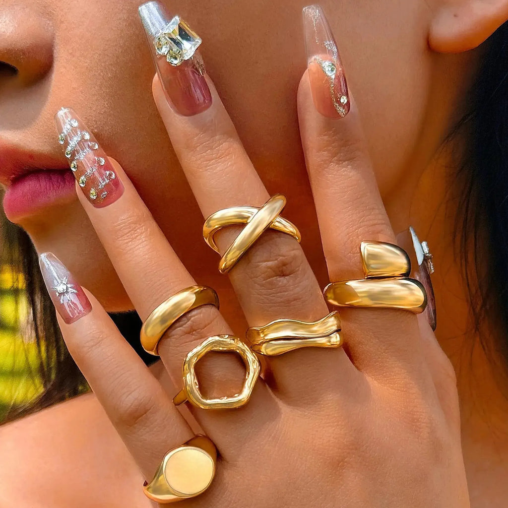 6Pcs Women's Silver Geometric Open Rings Set Metal Hollow Circle Jewelry