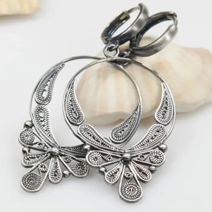 Silver Metal Dragonfly Earrings Vintage Hollow Dangle Zinc Alloy for Women
