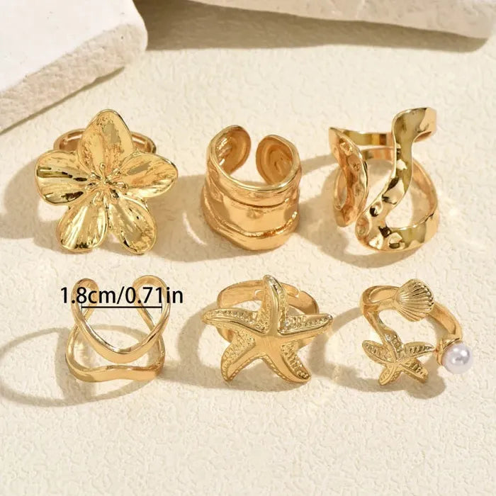 6Pcs Adjustable Vintage Pearl Flower Starfish Rings for Women Gift Set