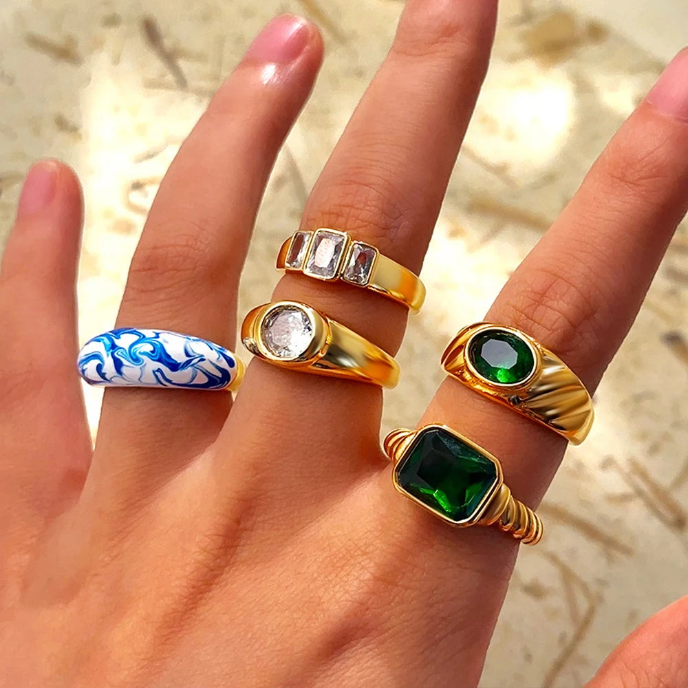 18K Gold Plated Stainless Steel CZ Geometric Twist Chunky Wedding Ring