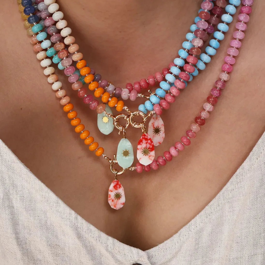 Handmade Multi Colored Rice Bead Natural Stone Geometric Pendant Choker Necklace