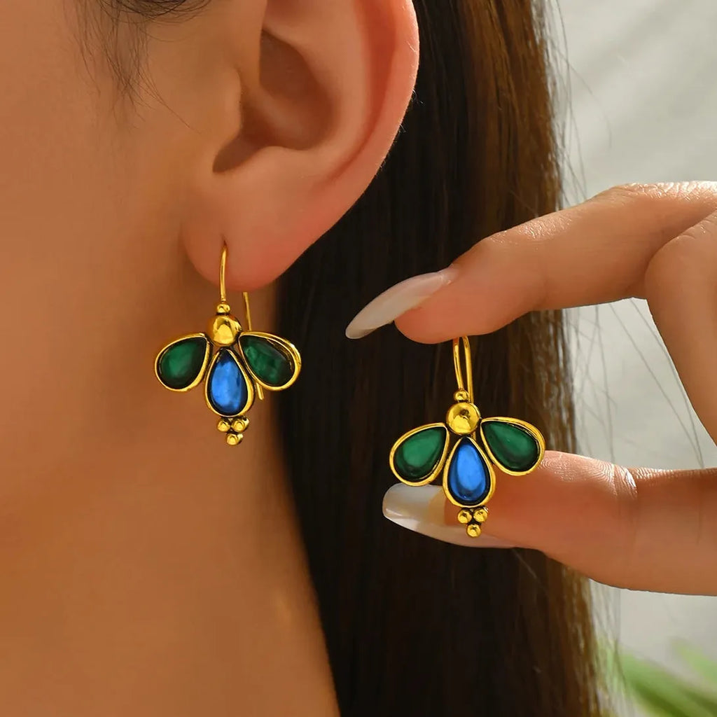 Silver Green Blue Stone Waterdrop Dangle Earrings for Women Wedding Jewelry