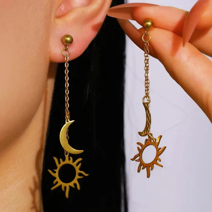 Stainless Steel Sun Moon Earrings & Adjustable Bracelet Women Retro Jewelry Gift