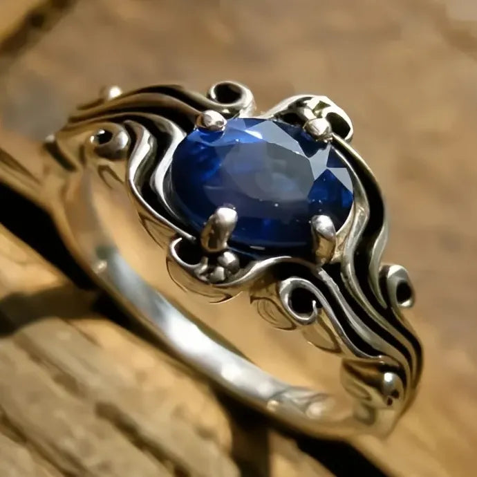 Vintage Blue CZ Silver Wave Ring Geometric Party Holiday Jewelry Brass