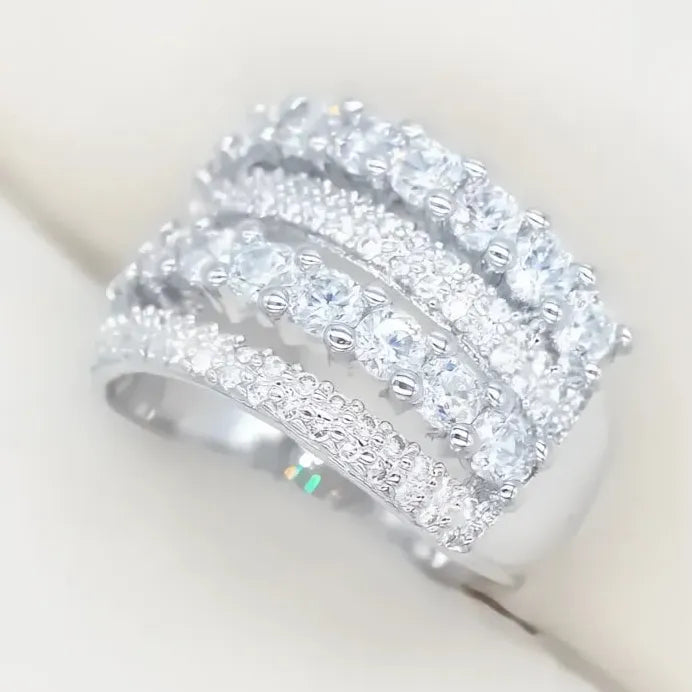 Luxury Wide Silver Wedding Band for Women Full Paved Cubic Zirconia Ring
