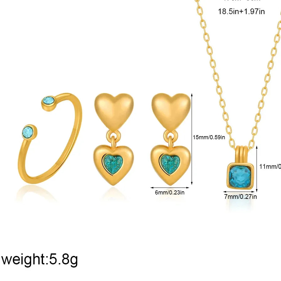 18K Gold Plated Blue Crystal Double Heart Earrings Necklace Ring Set Gift