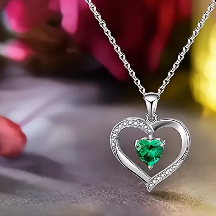 Green Heart Cubic Zirconia Necklace for Women Wedding Anniversary Copper Alloy