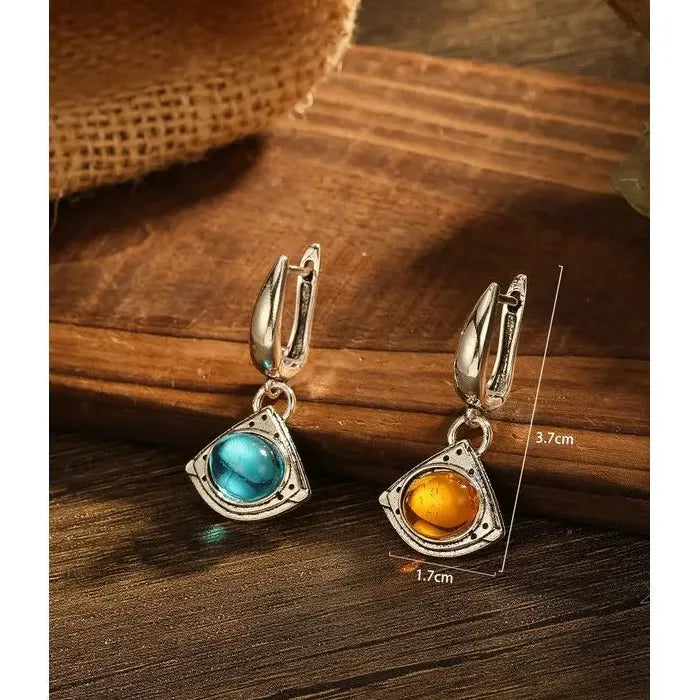 Silver Geometric Triangle Drop Earrings with Yellow & Blue Gemstones for Women