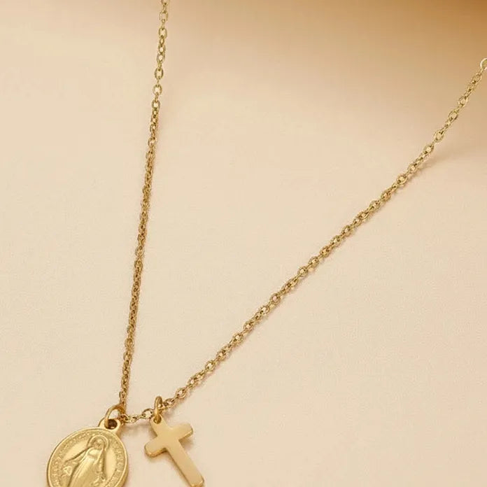 Stainless Steel Cross Pendant Necklace Retro Virgin Mary Collarbone Gift