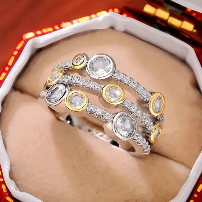Personality Two Tone Three Line Women’s Wedding Band Ring Brass CZ Sparkling Fashion Jewelry