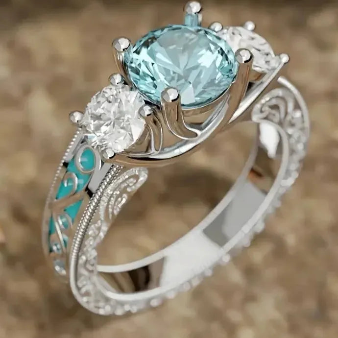 Fashion Inlaid Light Blue Zircon Women’s Ring Zinc Alloy Customized Jewelry