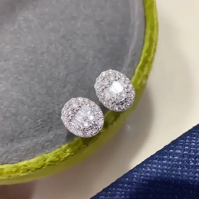 Oval Geometric Brass Stud Earrings with Cubic Zirconia for Women