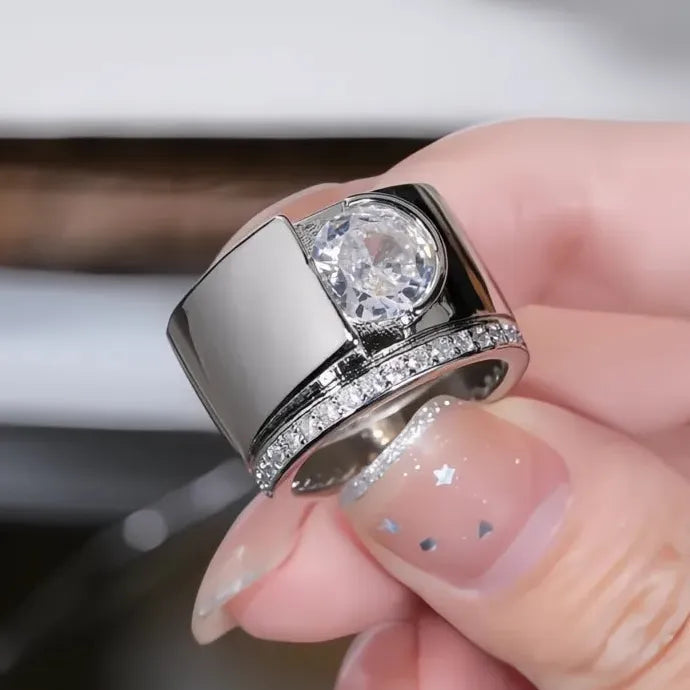 Women Silver Color Geometric Brass Ring with Bright Round CZ Stones Cocktail