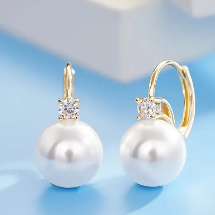 Elegant Copper Alloy Pearl Drop Earrings for Women with Shiny CZ Inlay, Trendy Geometric Design for Wedding Engagement