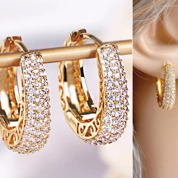 Hollow Gold Hoop Earrings for Women CZ Stone Paved Luxury Circle Jewelry