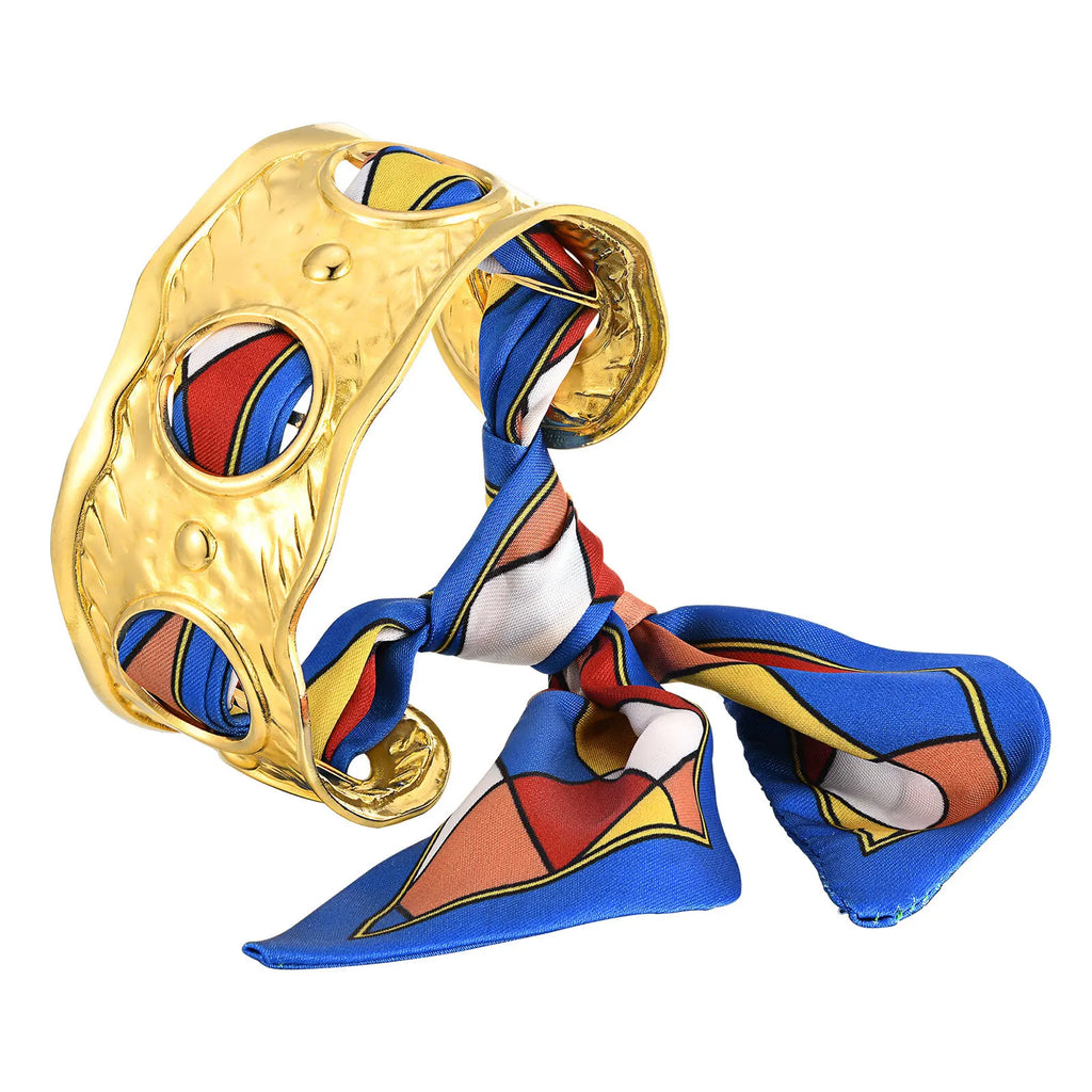 Exaggerated Stainless Steel Skeleton Open Bangle Bracelet with Silk Scarf