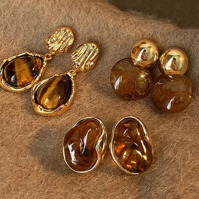 Brown Resin Tiger Eye Dangle Earrings for Women with Silver Needle