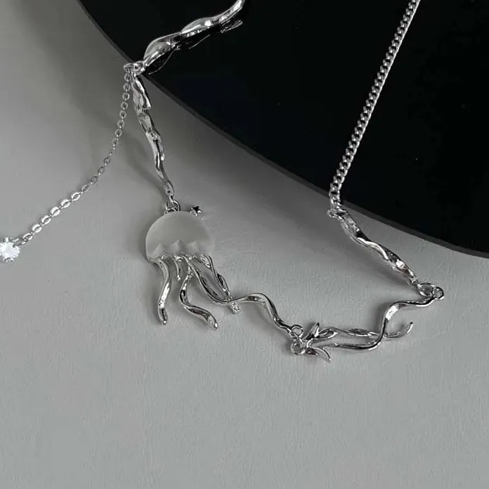Gothic Silver Jellyfish Pendant Necklace Women Y2K Tassel Chain Choker Jewelry