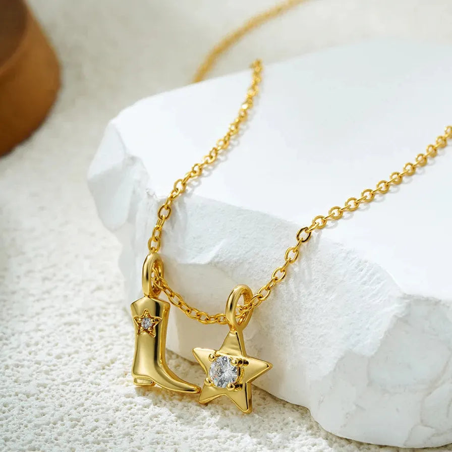 Vintage Cowgirl Zircon Star Pendant Necklace 18K Gold Plated Stainless Steel Choker Jewelry