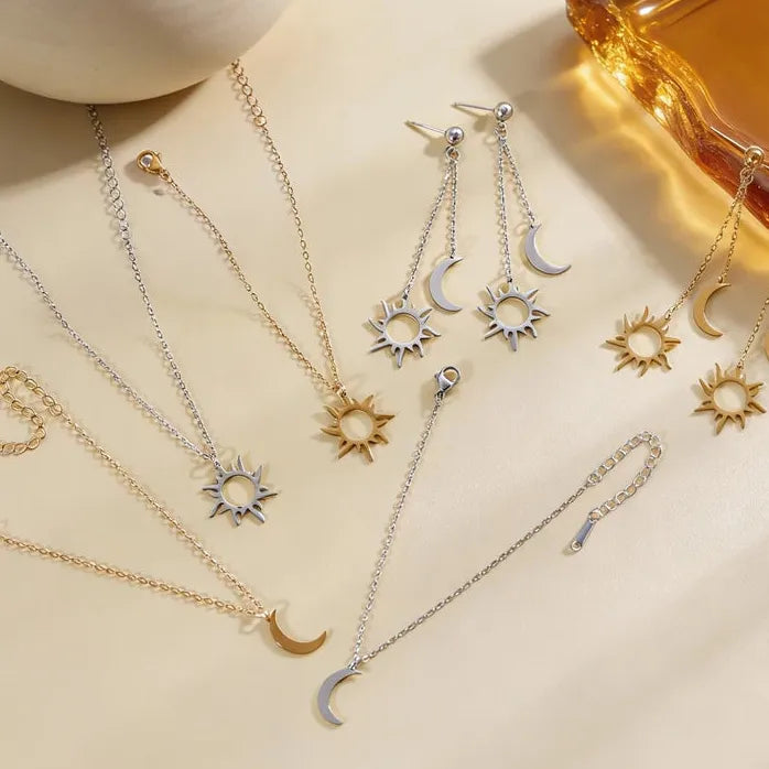 Stainless Steel Sun Moon Earrings & Adjustable Bracelet Women Retro Jewelry Gift