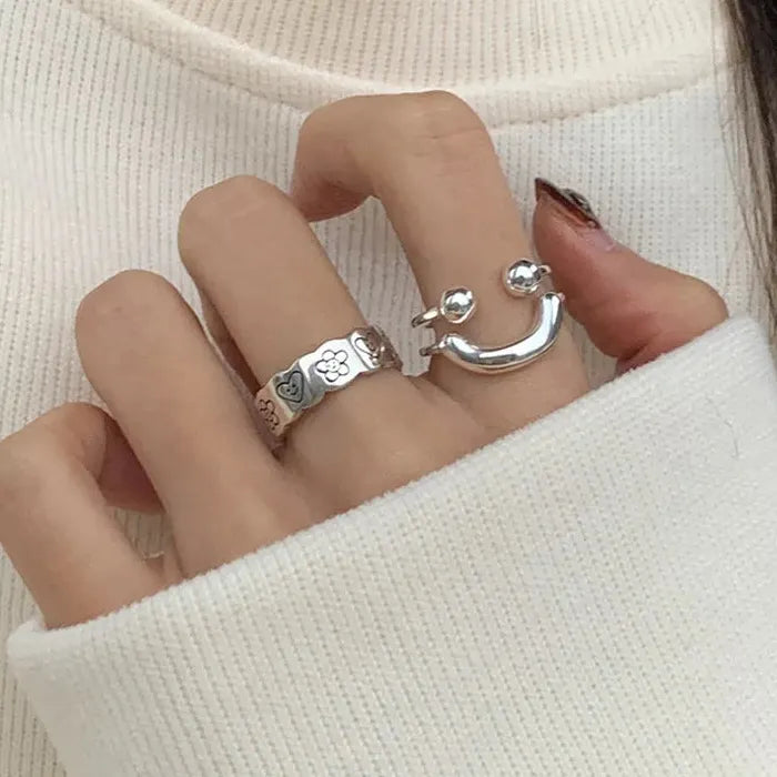 Adjustable Silver Smile Shape Ring for Women Vintage Jewelry Gift Fashion