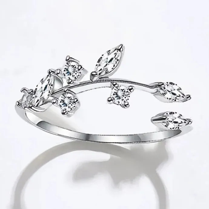 Women’s Sweet Leaves Cubic Zirconia Brass Wedding Opening Ring Plant Design