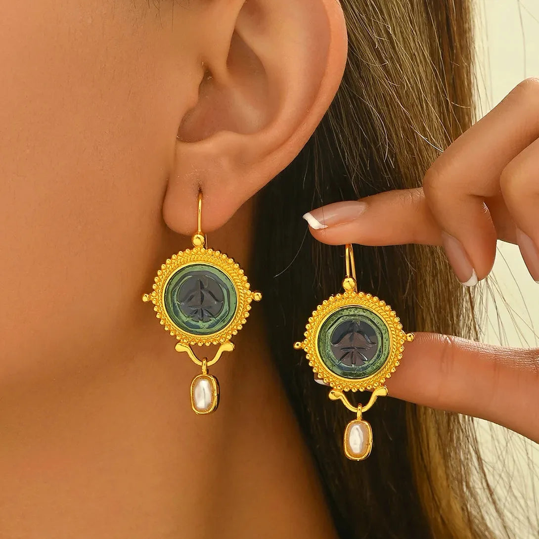 Blue Geometric Inlay Imitation Pearl Drop Earrings for Women Party Jewelry