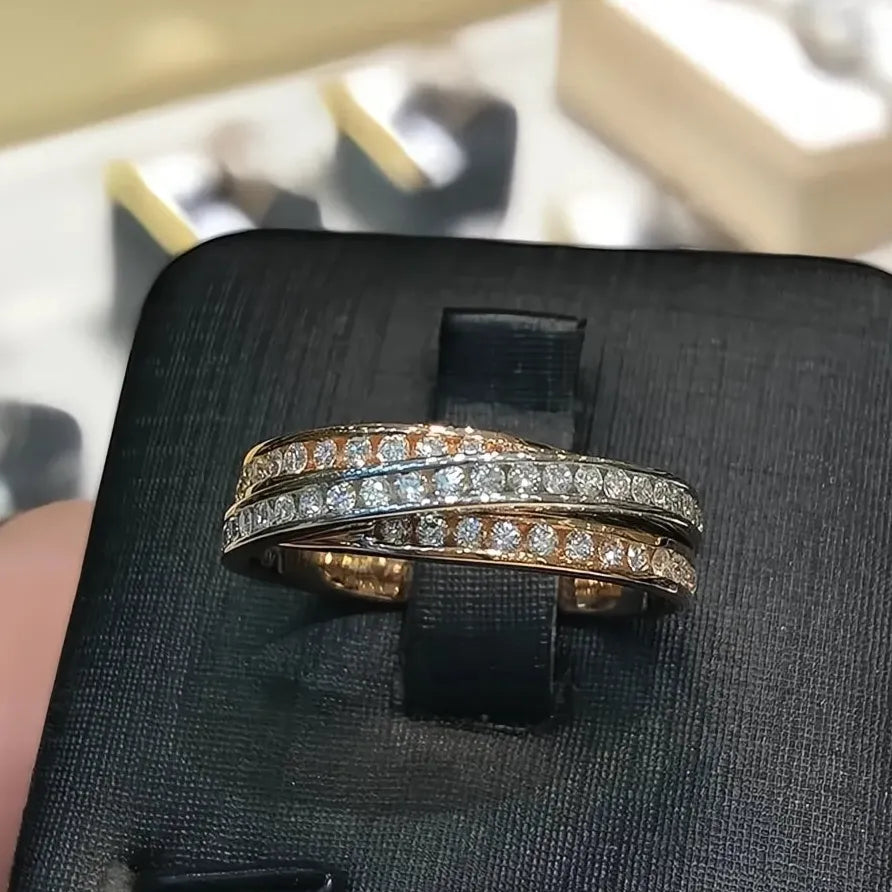 Two Tone Brass CZ Geometric Cross Wedding Rings for Women