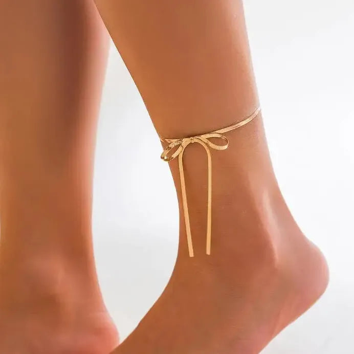 Adjustable Vintage Zinc Alloy Geometric Snake Chain Bow Anklet for Women