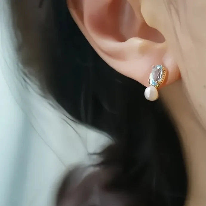 Women's Oval Blue CZ Drop Earrings with Imitation Pearl Copper Alloy Design