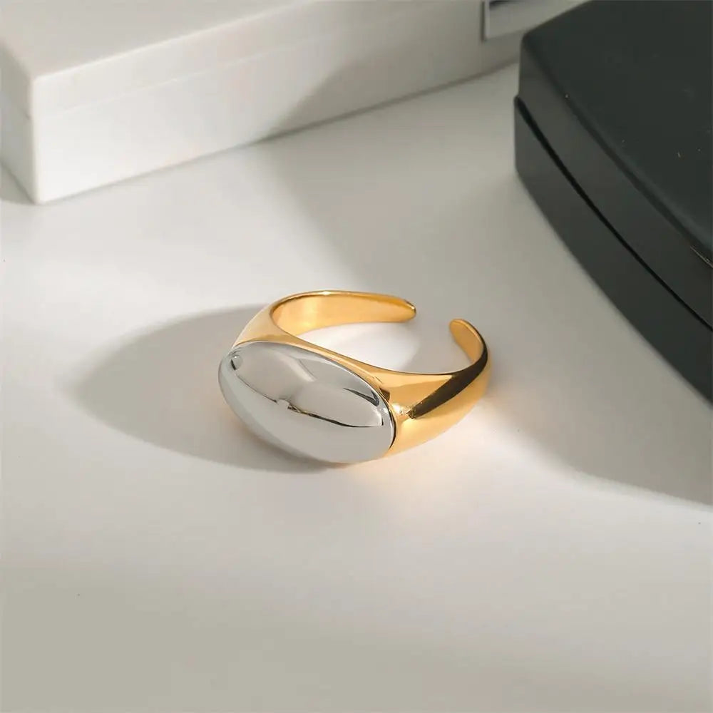 18k Gold Plated Two-Tone Polished Dome Punk Stainless Steel Ring Women