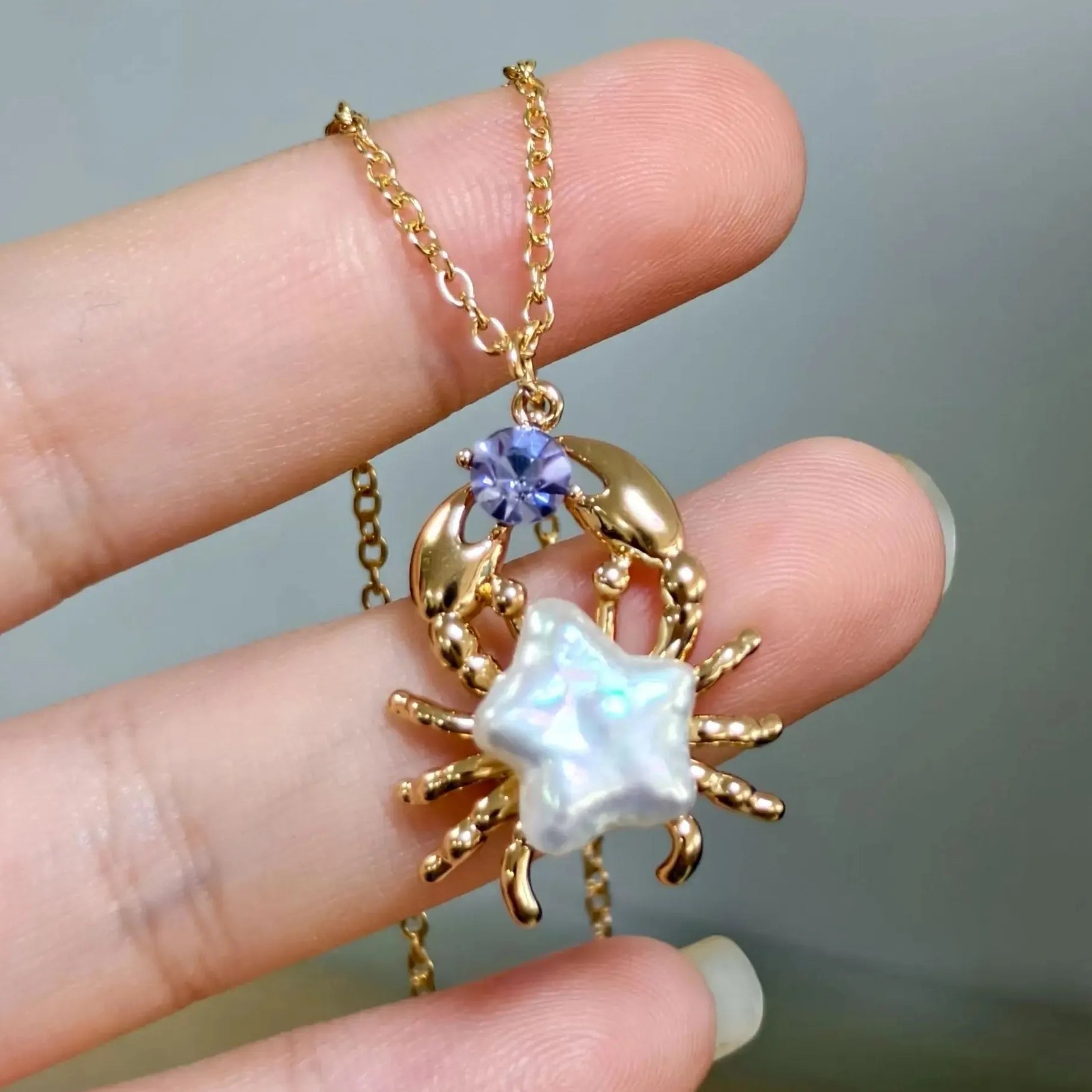 Geometric Irregular Freshwater Pearl Necklace Pink Fish Crab Pendant Choker Jewelry