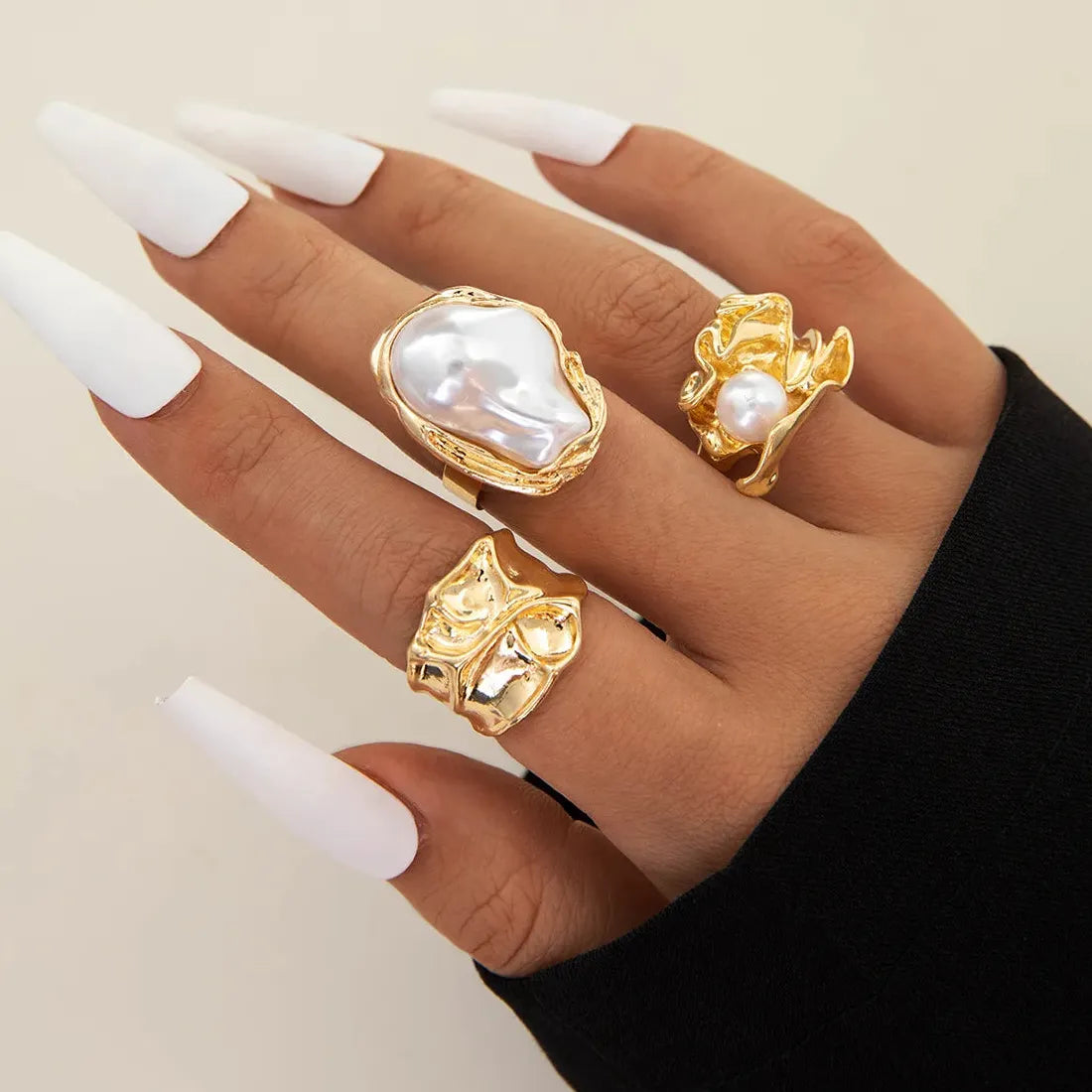 7Pcs Vintage Irregular Geometric Flower Pearl Rings Set for Women Fashion Jewelry