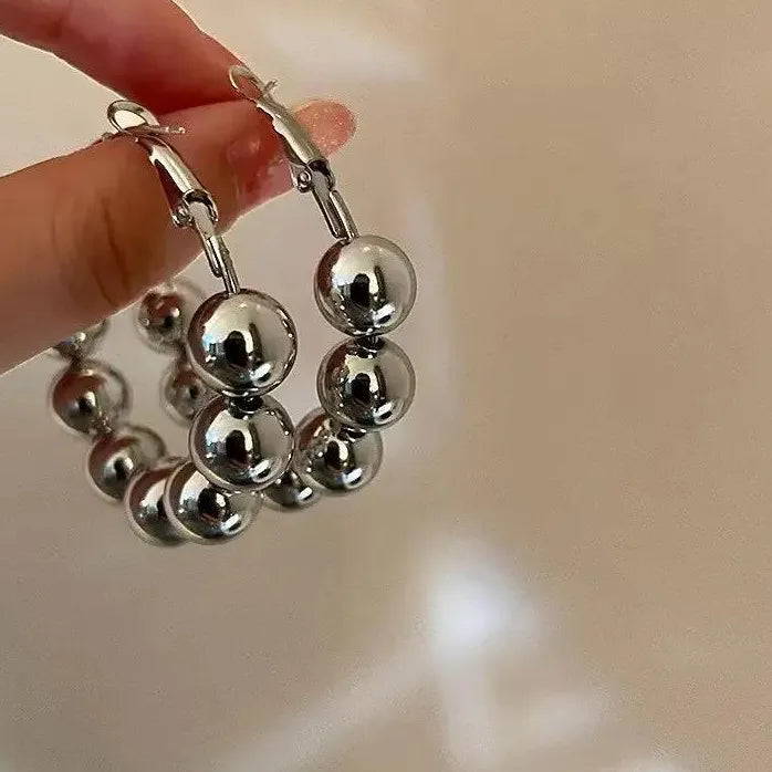 Silver Round Smooth Beaded Hoop Earrings Large Circle Drop for Women