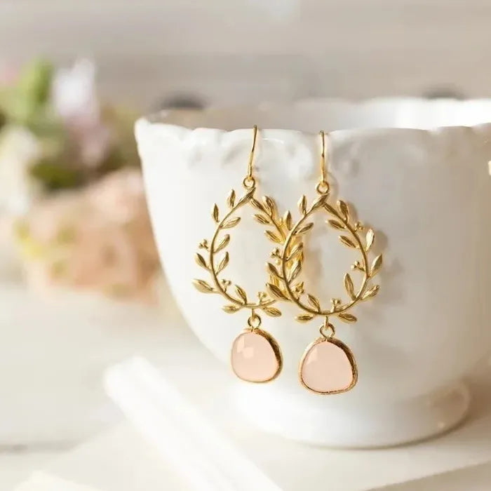 Handmade Bridal Earrings Gold Plant Branch Leaf Design Zinc Alloy Gemstone Pendant