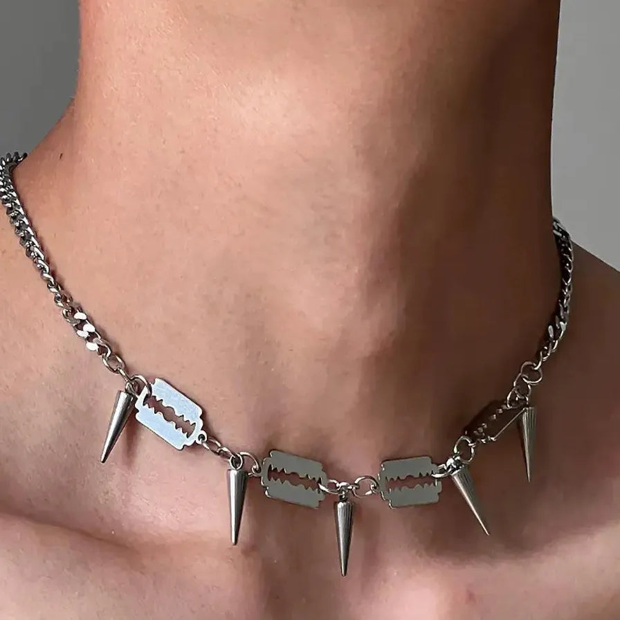 Hiphop Punk Razor Blade Rivet Tassel Geometric Metal Chain Necklace Unisex Stainless Steel Gift