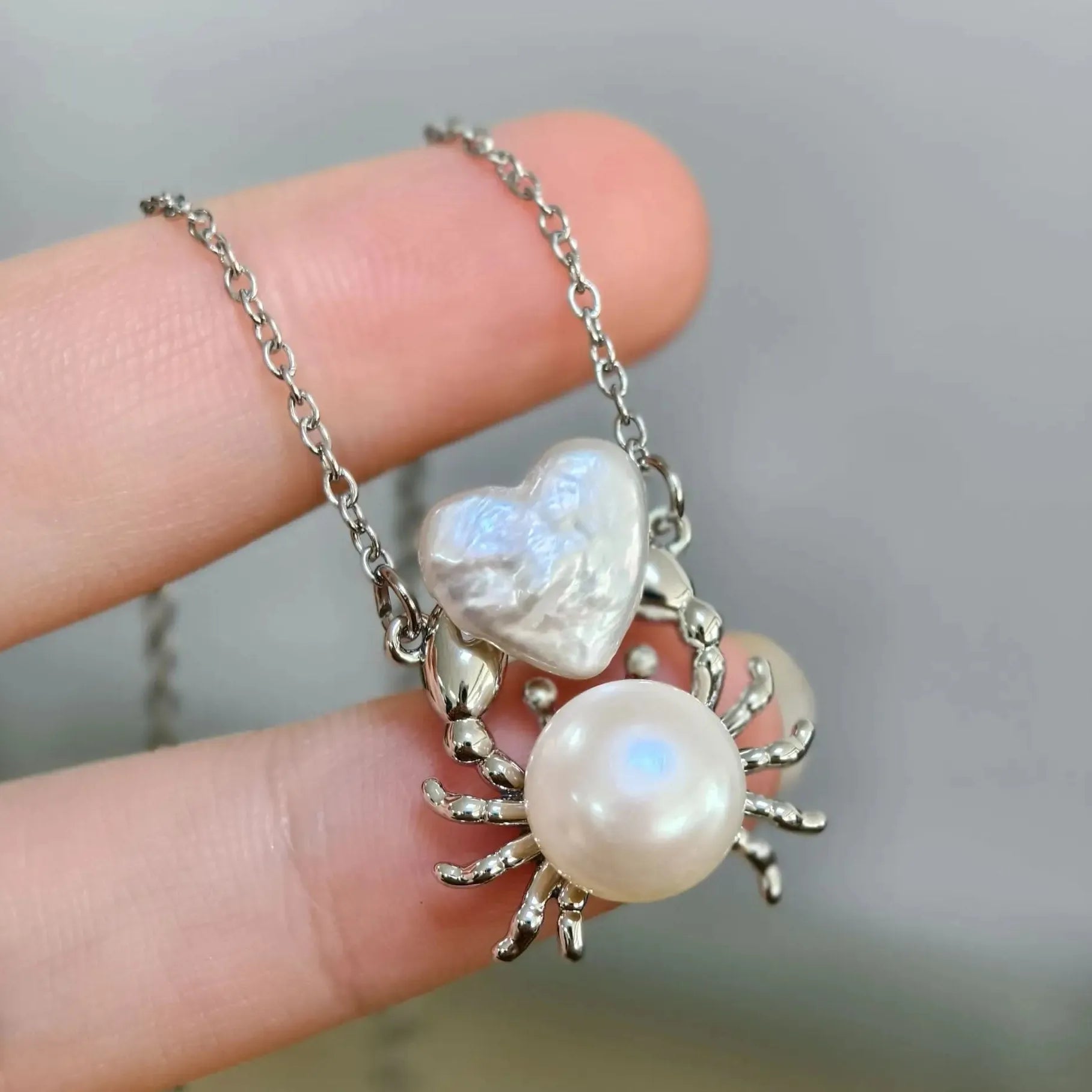 Geometric Irregular Freshwater Pearl Necklace Pink Fish Crab Pendant Choker Jewelry
