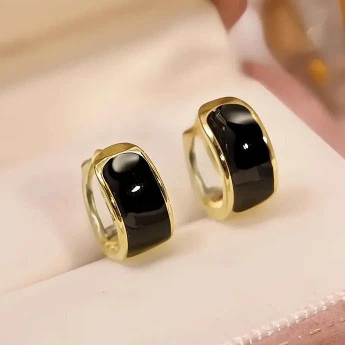 Black Enamel Gold Geometric Hoop Earrings Brass Epoxy Luxury Gift Women