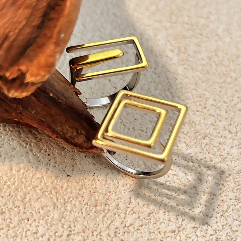 18k Gold Plated Stainless Steel Geometric Hollow Wire Ring for Women