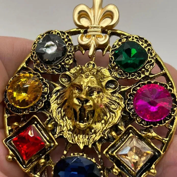 Colorful Rhinestone Lion Head Brooch Animal Jewelry for Men Women