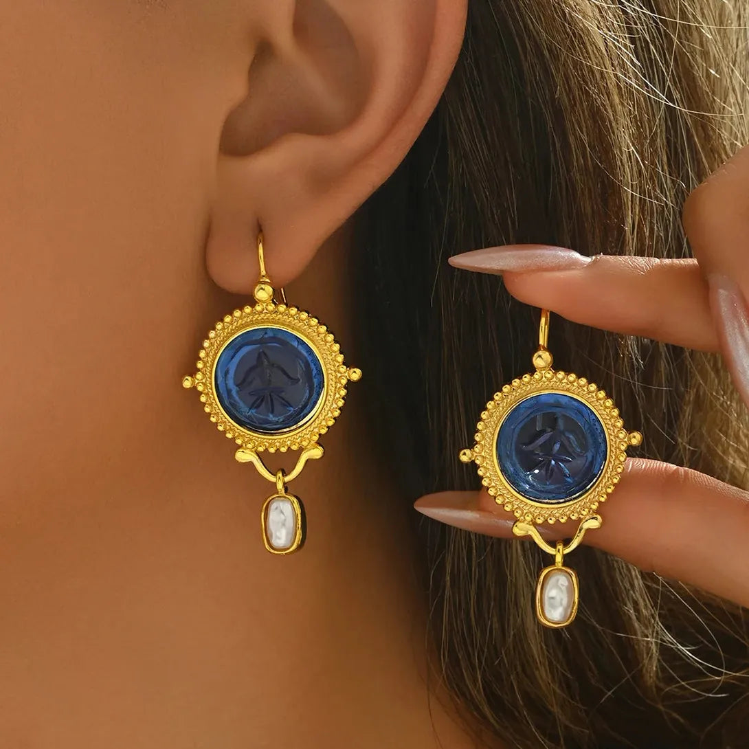Blue Geometric Inlay Imitation Pearl Drop Earrings for Women Party Jewelry