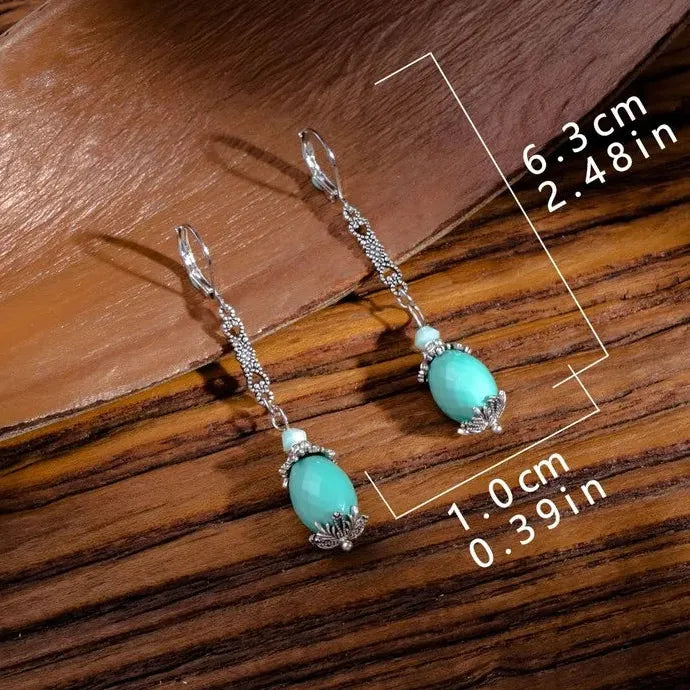 Vintage Geometric Blue Gemstone Drop Earrings Silver Zinc Alloy Leaves Jewelry Women
