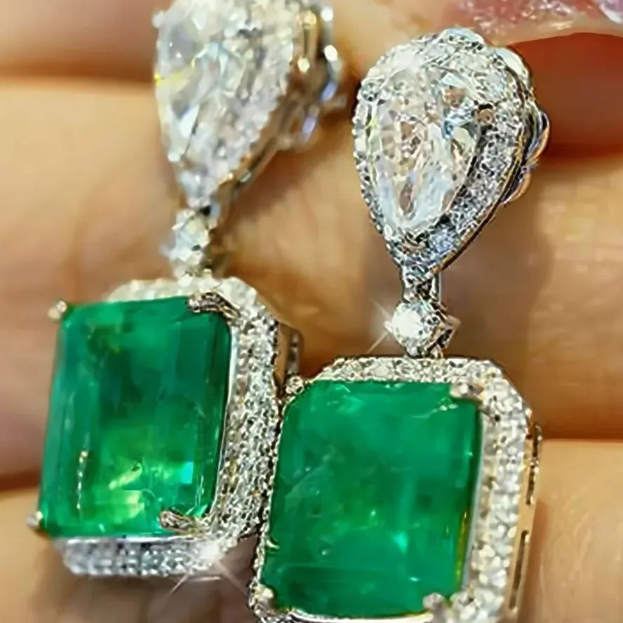 Green Geometric Copper Alloy Drop Earrings for Women Cubic Zirconia Wedding Jewelry
