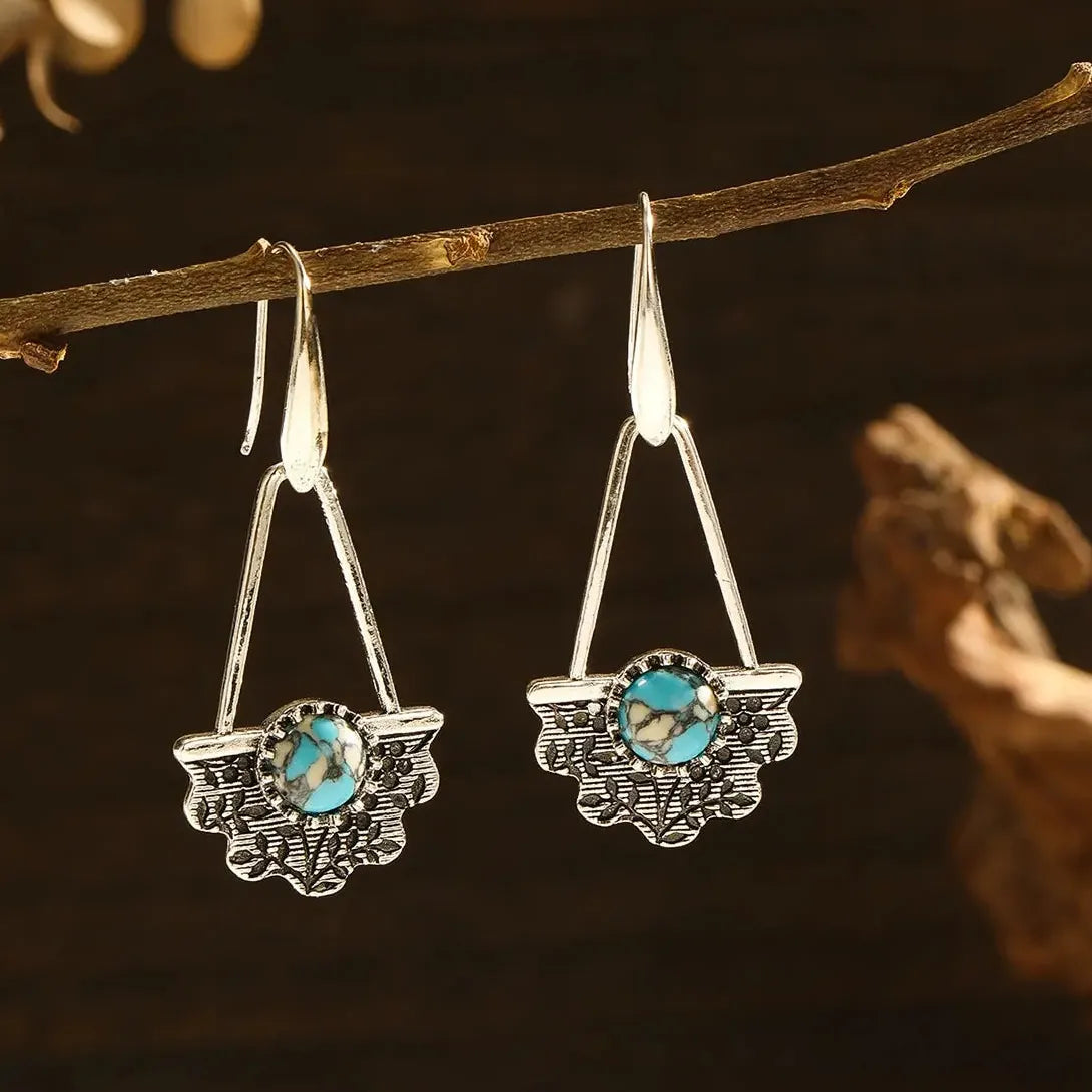 Retro Silver Zinc Alloy Earrings Set with Synthetic Gemstone Pendant for Women